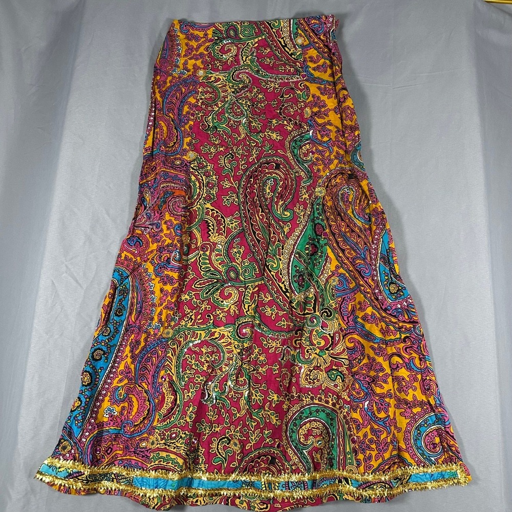 Haute Curry Paisley Embellished Maxi Skirt Womens Medium Pink Yellow Floral
